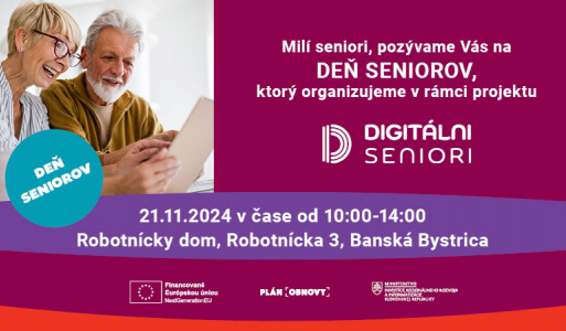 Deň seniorov - pozvánka MIRRI. <p>
	Milí seniori,<br />
	dovoľte nám pozvať Vás v mene Ministerstva investícií, regionálneho rozvoja a informatizácie SR (MIRRI SR) na blížiacu sa udalosť v štýle dňa otvorených dverí – Deň Seniorov v Banskej Bystrici, ktorý organizujeme pri príležitosti mesiaca október –„Mesiaca úcty k starším“ a registrácie na školenie digitálnych zručností v projekte Digitálni Seniori.</p>
<p>
	Podujatie je bezplatné a nemusíte sa naň vopred registrovať. Na mieste Vás čakajú zaujímavé aktivity, súťaže, darčeky a občerstvenie zdarma.</p>
<p>
	PREDNÁŠKY VIAZANÉ NA ČAS Čakajú na Vás zaujímavé prednášky od 10:00 – 12:30, na témy:</p>
<ul>
	<li>
		Školenia digitálnych zručností seniorov v projekte Digitálni seniori</li>
	<li>
		Tipy na bezpečné správanie sa na internete od spoločnosti Google</li>
	<li>
		Umelá inteligencia a jej využitie</li>
	<li>
		Online podvody páchané na senioroch,</li>
	<li>
		Prevencia kriminality MV SR ZAUJÍMAVÉ SPRIEVODNÉ AKTIVITY POČAS CELÉHO PODUJATIA ·</li>
	<li>
		Informácie a pomoc s registráciou na školenia digitálnych zručností v rámci projektu Digitálni Seniori ·</li>
</ul>
<p>
	Možnosť vyskúšať si tablety, ktoré sa po školení odovzdávajú a pozrieť si školiace materiály, získať informácie o školení priamo od školiteľov · Vzdelávanie na témy - Online podvody, Aktívne starnutie, Bezpečné správanie sa na internete · Súťaže a ďalšie sprievodné aktivity</p>
<p>
	Srdečne Vás na podujatie pozývame, v prípade akýchkoľvek otázok ohľadne celého podujatia sa obráťte na nás mailom na digitalni.seniori@mirri.gov alebo na linke Call Centra 02/35 80 30 80</p>
<p>
	Prajeme všetko dobré! S pozdravom Realizačný tím projektu Digitálni seniori</p>
